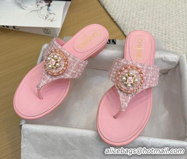 Best Grade Chanel Tweed Flat Slide Sandals with Circle Charm Light Pink 2025 CH041603