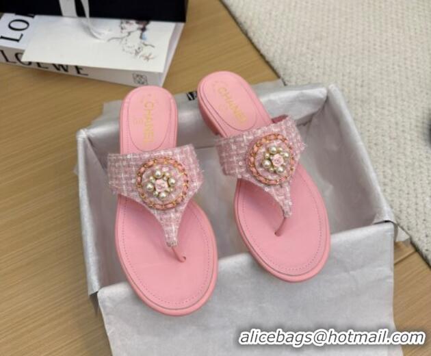 Best Grade Chanel Tweed Flat Slide Sandals with Circle Charm Light Pink 2025 CH041603