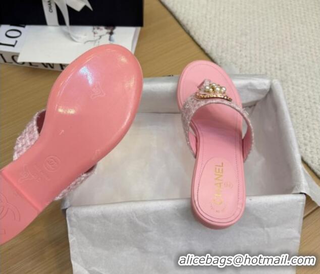 Best Grade Chanel Tweed Flat Slide Sandals with Circle Charm Light Pink 2025 CH041603