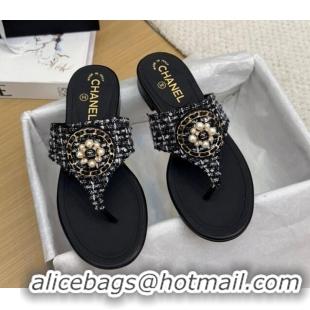 Low Cost Chanel Tweed Flat Slide Sandals with Circle Charm Black 2025 CH041603