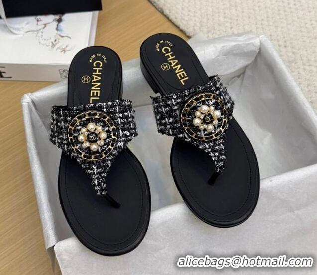 Low Cost Chanel Tweed Flat Slide Sandals with Circle Charm Black 2025 CH041603