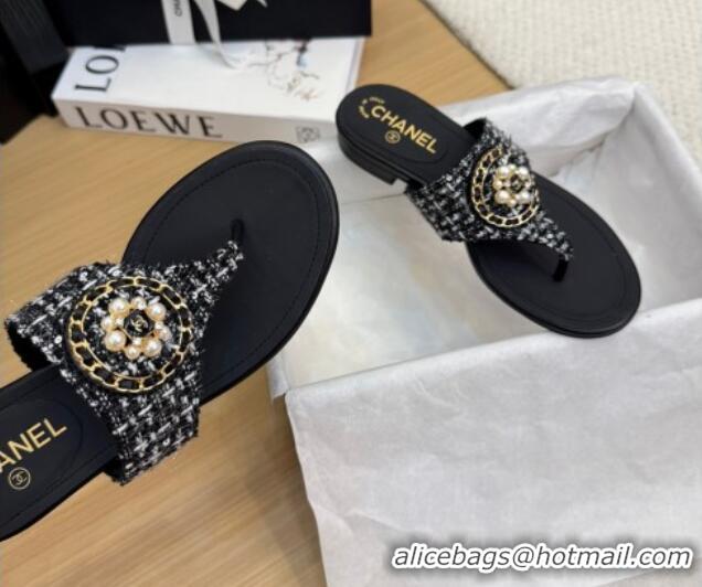 Low Cost Chanel Tweed Flat Slide Sandals with Circle Charm Black 2025 CH041603