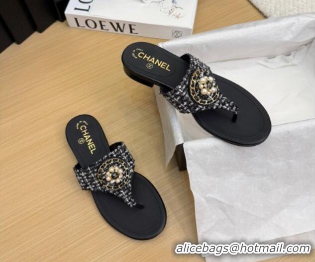 Low Cost Chanel Tweed Flat Slide Sandals with Circle Charm Black 2025 CH041603
