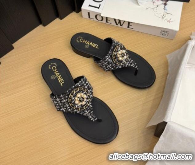 Low Cost Chanel Tweed Flat Slide Sandals with Circle Charm Black 2025 CH041603