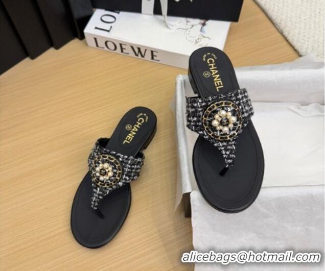 Low Cost Chanel Tweed Flat Slide Sandals with Circle Charm Black 2025 CH041603