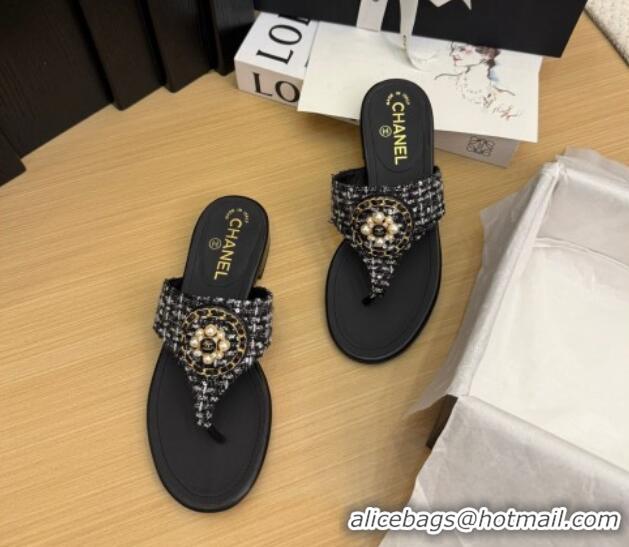 Low Cost Chanel Tweed Flat Slide Sandals with Circle Charm Black 2025 CH041603