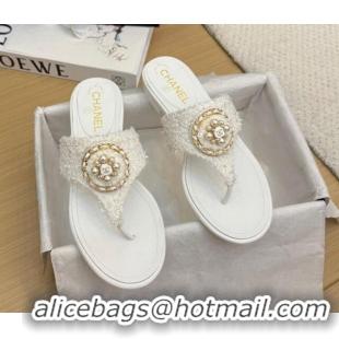 Pretty Style Chanel Tweed Flat Slide Sandals with Circle Charm White 2025 CH041603 