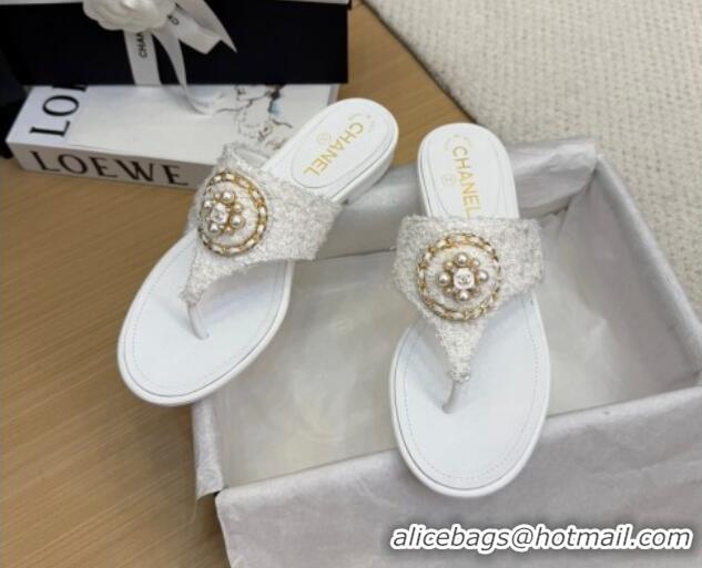 Pretty Style Chanel Tweed Flat Slide Sandals with Circle Charm White 2025 CH041603 