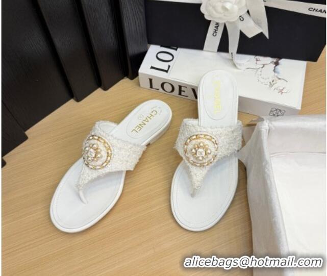 Pretty Style Chanel Tweed Flat Slide Sandals with Circle Charm White 2025 CH041603 