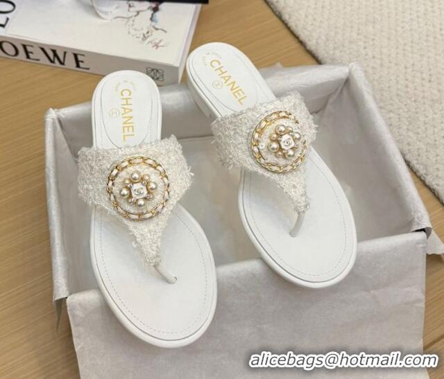 Pretty Style Chanel Tweed Flat Slide Sandals with Circle Charm White 2025 CH041603 