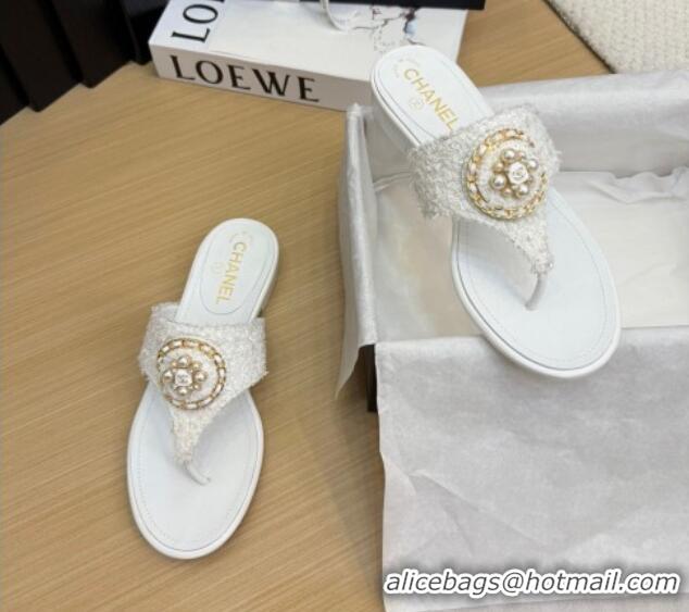 Pretty Style Chanel Tweed Flat Slide Sandals with Circle Charm White 2025 CH041603 