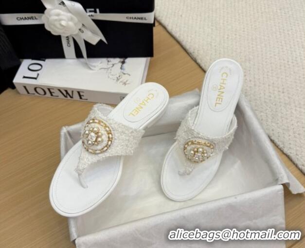 Pretty Style Chanel Tweed Flat Slide Sandals with Circle Charm White 2025 CH041603 