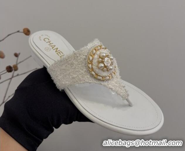 Pretty Style Chanel Tweed Flat Slide Sandals with Circle Charm White 2025 CH041603 
