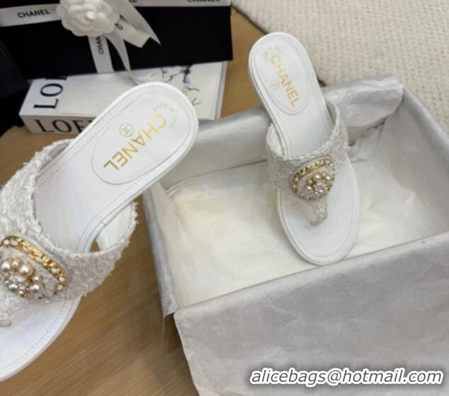 Pretty Style Chanel Tweed Flat Slide Sandals with Circle Charm White 2025 CH041603 