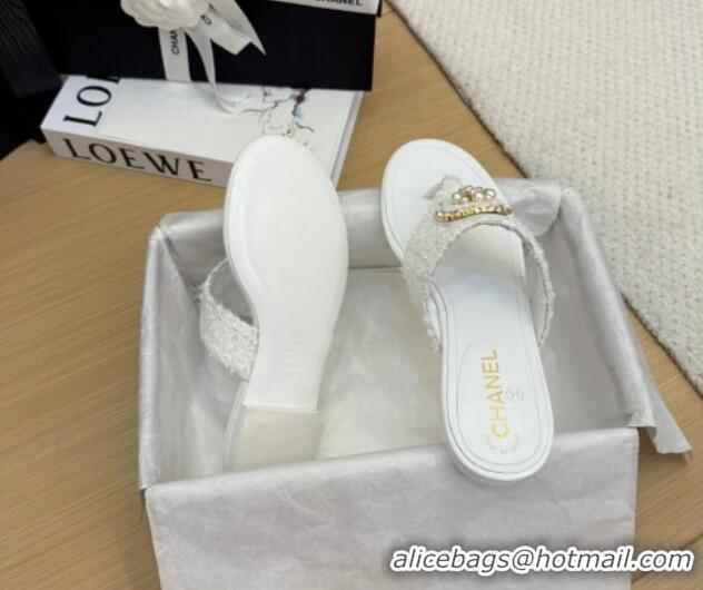 Pretty Style Chanel Tweed Flat Slide Sandals with Circle Charm White 2025 CH041603 