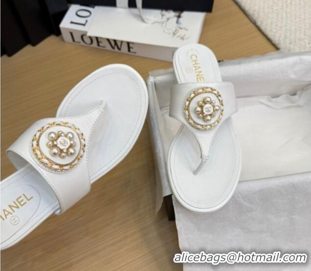Good Product Chanel Calfskin Flat Slide Sandals with Circle Charm White 2025 CH041603