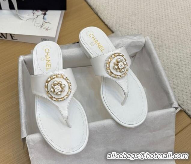 Good Product Chanel Calfskin Flat Slide Sandals with Circle Charm White 2025 CH041603