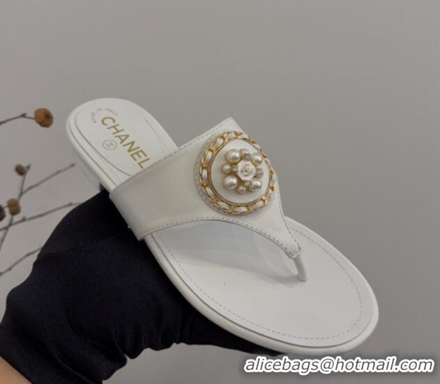 Good Product Chanel Calfskin Flat Slide Sandals with Circle Charm White 2025 CH041603