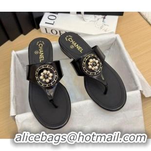Popular Style Chanel Calfskin Flat Slide Sandals with Circle Charm Black 2025 CH041603