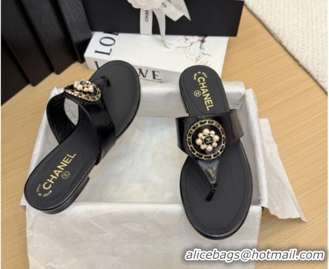 Popular Style Chanel Calfskin Flat Slide Sandals with Circle Charm Black 2025 CH041603