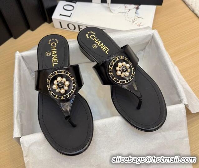 Popular Style Chanel Calfskin Flat Slide Sandals with Circle Charm Black 2025 CH041603