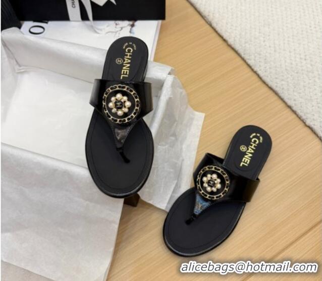 Popular Style Chanel Calfskin Flat Slide Sandals with Circle Charm Black 2025 CH041603