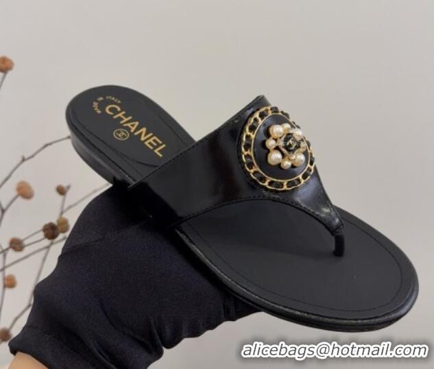 Popular Style Chanel Calfskin Flat Slide Sandals with Circle Charm Black 2025 CH041603
