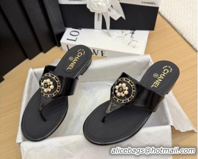 Popular Style Chanel Calfskin Flat Slide Sandals with Circle Charm Black 2025 CH041603