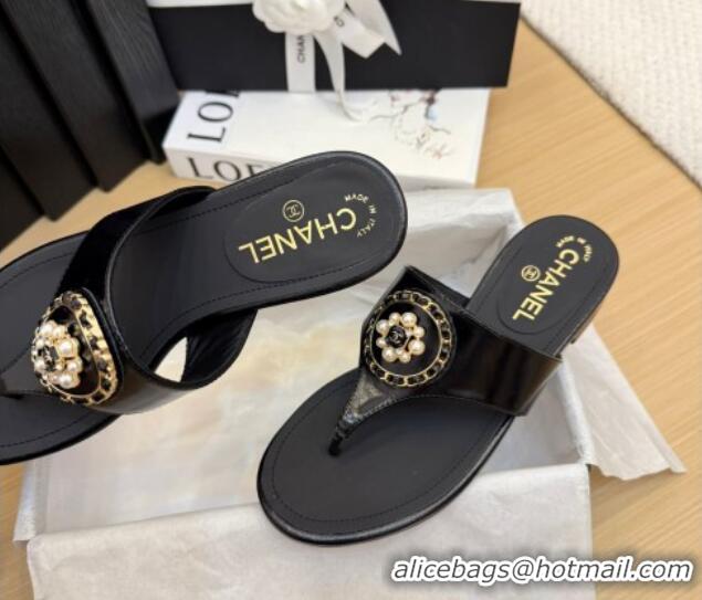 Popular Style Chanel Calfskin Flat Slide Sandals with Circle Charm Black 2025 CH041603