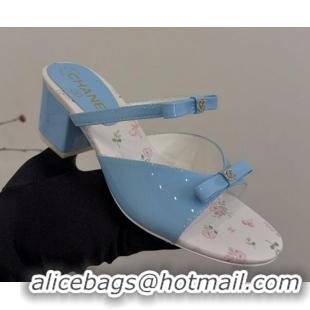 Top Grade Chanel Patent Calfskin Heel Slides Sandal with Bow Light Blue 2025 CH041604