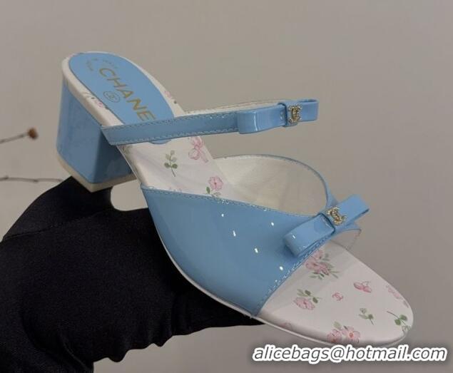 Top Grade Chanel Patent Calfskin Heel Slides Sandal with Bow Light Blue 2025 CH041604