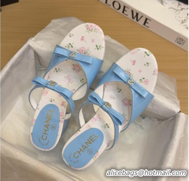 Top Grade Chanel Patent Calfskin Heel Slides Sandal with Bow Light Blue 2025 CH041604