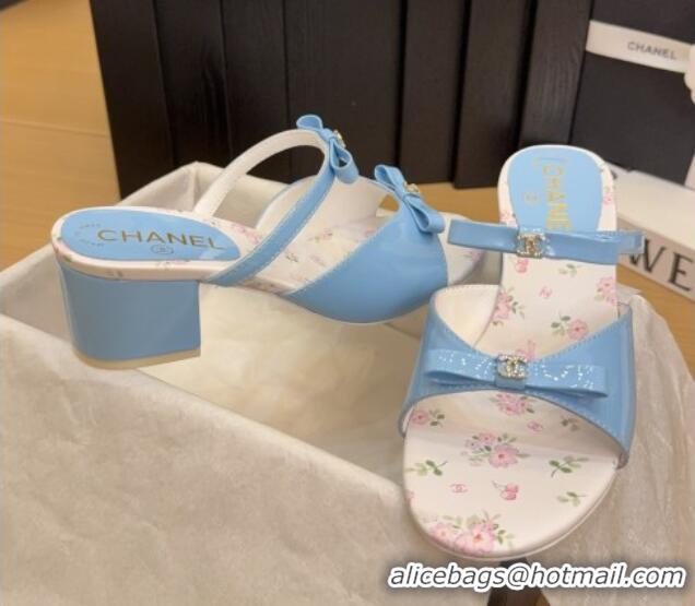 Top Grade Chanel Patent Calfskin Heel Slides Sandal with Bow Light Blue 2025 CH041604