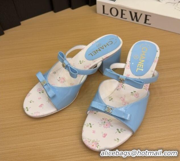 Top Grade Chanel Patent Calfskin Heel Slides Sandal with Bow Light Blue 2025 CH041604