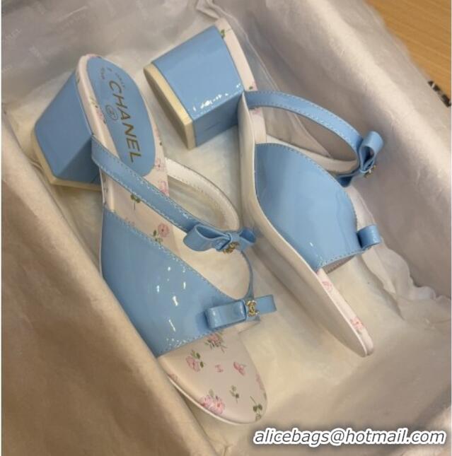 Top Grade Chanel Patent Calfskin Heel Slides Sandal with Bow Light Blue 2025 CH041604