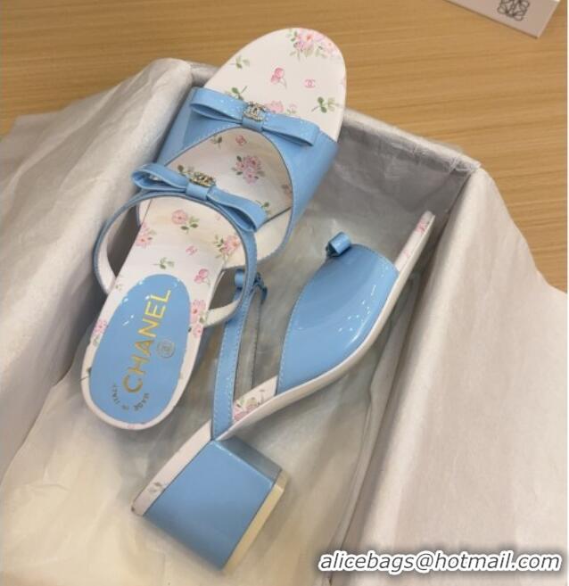Top Grade Chanel Patent Calfskin Heel Slides Sandal with Bow Light Blue 2025 CH041604