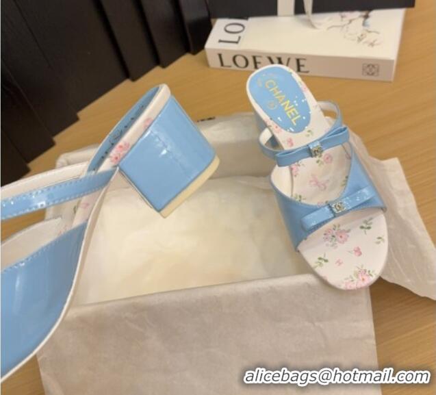 Top Grade Chanel Patent Calfskin Heel Slides Sandal with Bow Light Blue 2025 CH041604