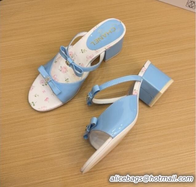 Top Grade Chanel Patent Calfskin Heel Slides Sandal with Bow Light Blue 2025 CH041604