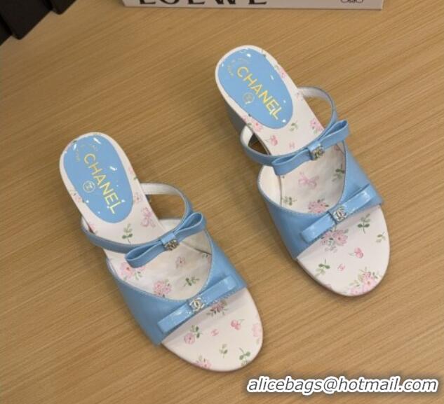 Top Grade Chanel Patent Calfskin Heel Slides Sandal with Bow Light Blue 2025 CH041604