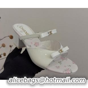 Unique Style Chanel Patent Calfskin Heel Slides Sandal with Bow White 2025 CH041604