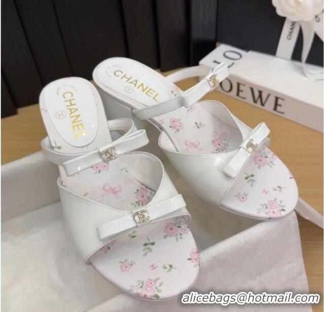 Unique Style Chanel Patent Calfskin Heel Slides Sandal with Bow White 2025 CH041604