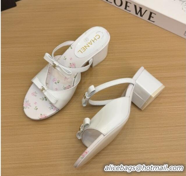 Unique Style Chanel Patent Calfskin Heel Slides Sandal with Bow White 2025 CH041604