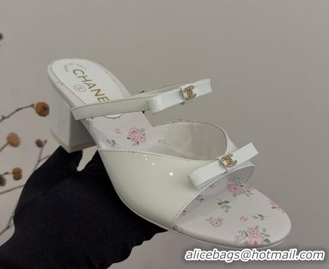 Unique Style Chanel Patent Calfskin Heel Slides Sandal with Bow White 2025 CH041604