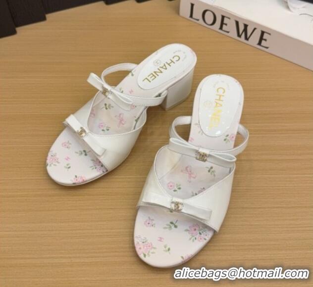 Unique Style Chanel Patent Calfskin Heel Slides Sandal with Bow White 2025 CH041604