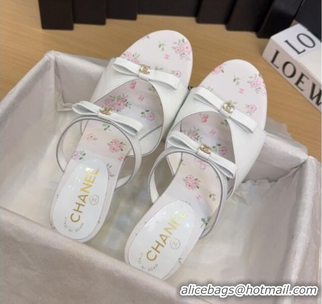 Unique Style Chanel Patent Calfskin Heel Slides Sandal with Bow White 2025 CH041604