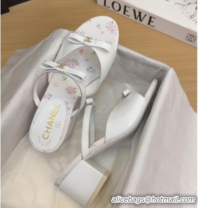 Unique Style Chanel Patent Calfskin Heel Slides Sandal with Bow White 2025 CH041604
