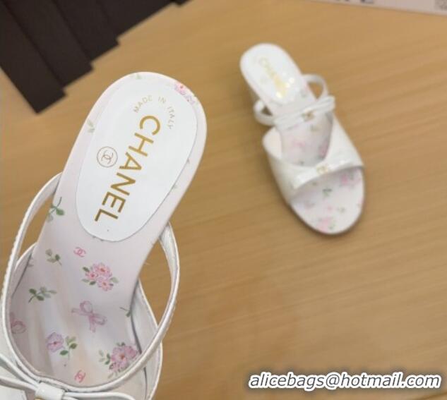 Unique Style Chanel Patent Calfskin Heel Slides Sandal with Bow White 2025 CH041604