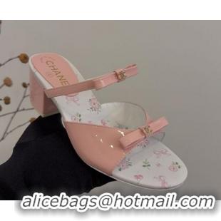 Good Quality Chanel Patent Calfskin Heel Slides Sandal with Bow Light Pink 2025 CH041604