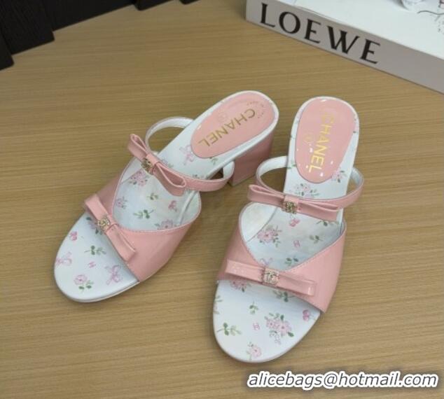 Good Quality Chanel Patent Calfskin Heel Slides Sandal with Bow Light Pink 2025 CH041604