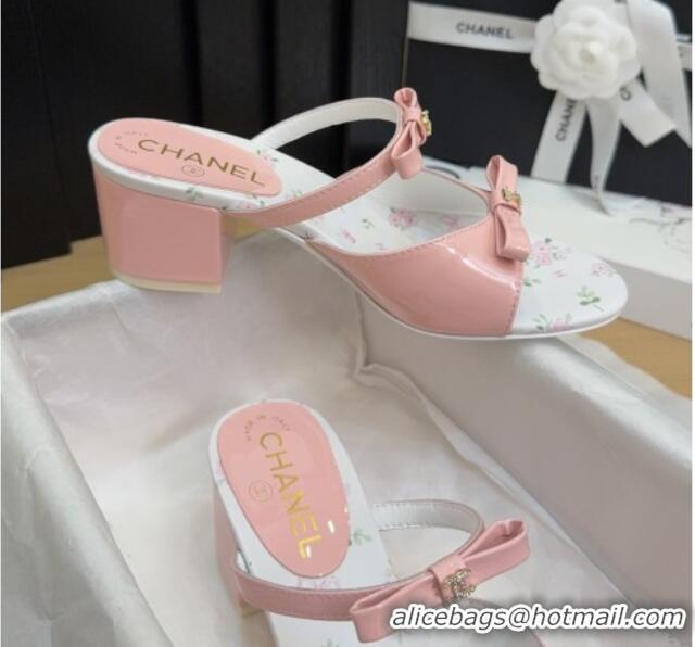 Good Quality Chanel Patent Calfskin Heel Slides Sandal with Bow Light Pink 2025 CH041604